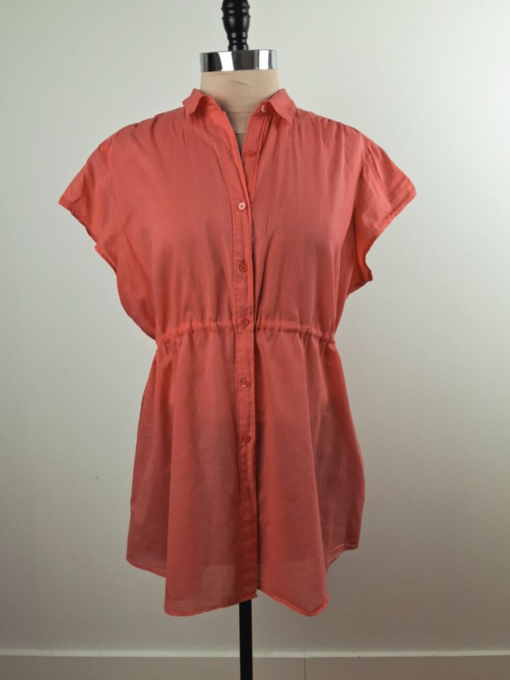 Calvin Klein Sz L Cotton Blouse Coral Orange Capped Sleeve Drawstring Mid Read - Picture 3 of 11